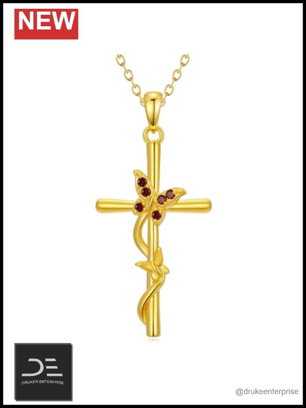 14K Gold Plated Butterfly Cross Pendant Necklace with Garnet Birthstone